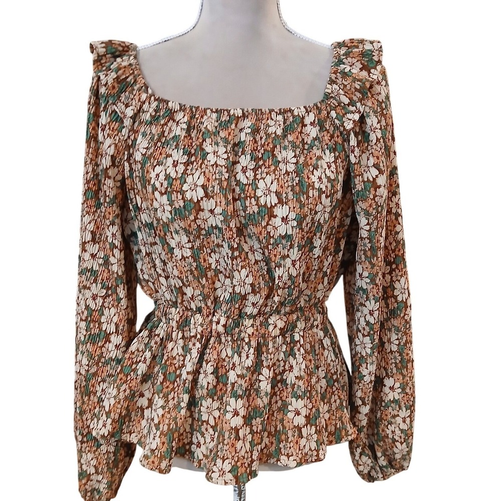 HAYDEN Floral Smocked Square Neck Peplum Top Medium Brown Floral Cottagecore